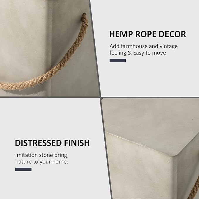 HOMPUS Outdoor Side Table w Hemp Rope Handle, Patio MgO Concrete Natural End Table, Square Accent Small Coffee Table for Garden, Patio, Porch and Deck, Light Grey