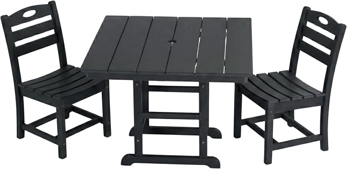 WILLIAMSPACE 37.8" Outdoor Patio Dining Set with 2 Armless Chairs, All Weather HDPE Square Dining Table with Umbrella Hole, Patio 3-Piece Bistro Set for Backyard, Balcony, Lawn, Kitchen (Black)