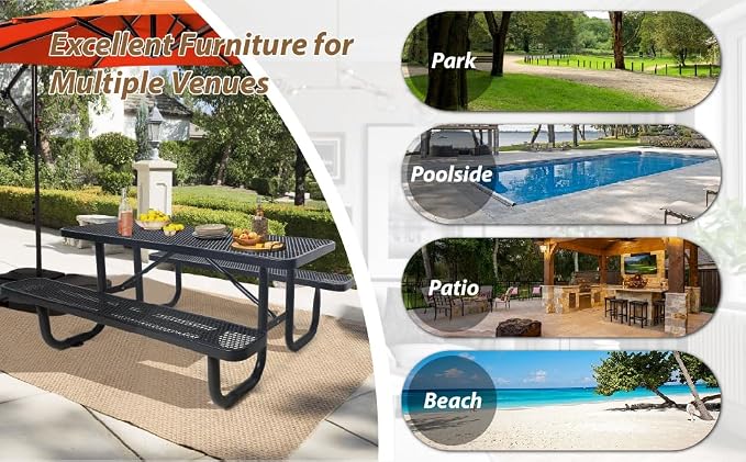 4FT & 6FT Outdoor Picnic Table, Rectangle Metal Picnic Table with Benches, Heavy-Duty Steel for Patio Garden Park Camping - Commercial & Residential Use, Weather Resistant, Easy Assembly (4FT)