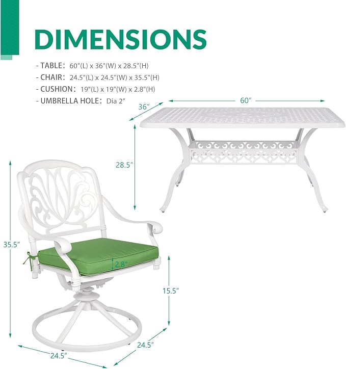 VIVIJASON 7-Piece Outdoor Furniture Dining Set, All-Weather Cast Aluminum Conversation Set Includes 6 Swivel Dining Chairs and a Rectangle Table with Umbrella Hole for Patio Garden Deck, White