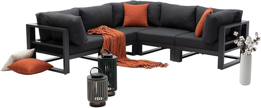 5 Pieces Patio Furniture Set Outdoor Aluminum Sectional Sofa Couch All-Weather Conversation Set with Upgraded Dark Grey Cushions
