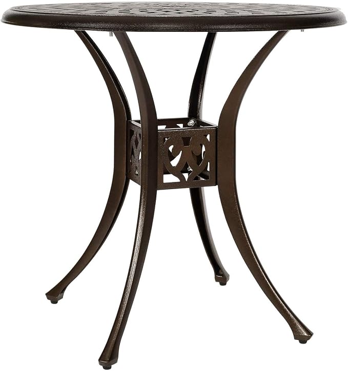 Puluomis 31” Round Cast Aluminum Dining Table, Outdoor Patio Retro Bistro Dining Table with 2” Umbrella Hole