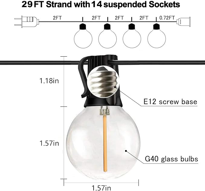 29FT Globe Outdoor String Lights, Shatterproof Patio Lights with 15 Dimmable Plastic Bulbs, Waterproof Hanging Lights String for Porch Backyard Cafe, E12 Socket Base