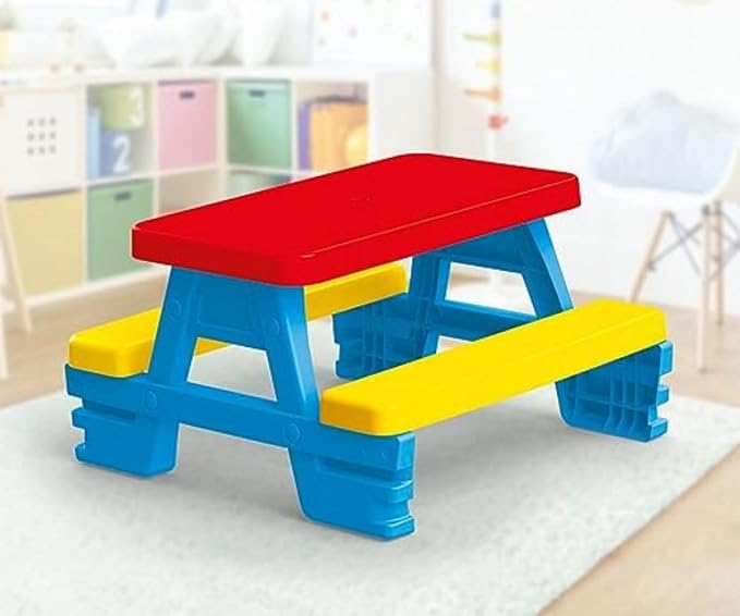 DOLU : Big Plastic Picnic Table for 4 - Blue, Red, Yellow - Indoor & Outdoor Use, 44lb Capacity, 44x77x71, Designed for Toddlers & Kids Ages 2+