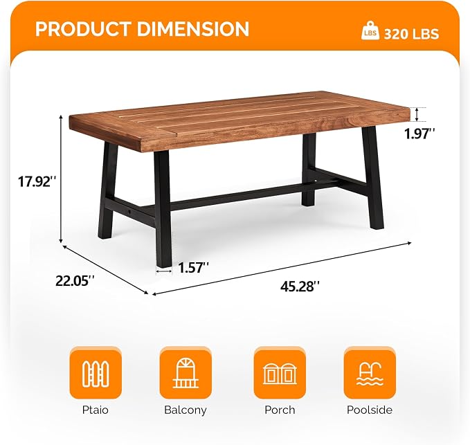 VINGLI Outdoor Wooden Coffee Table, Metal Frame Heavy Duty Patio Coffee Table for Outside, All Weather Solid Wood Low Outdoor Table for Balcony Porch and Deck, Rectangle