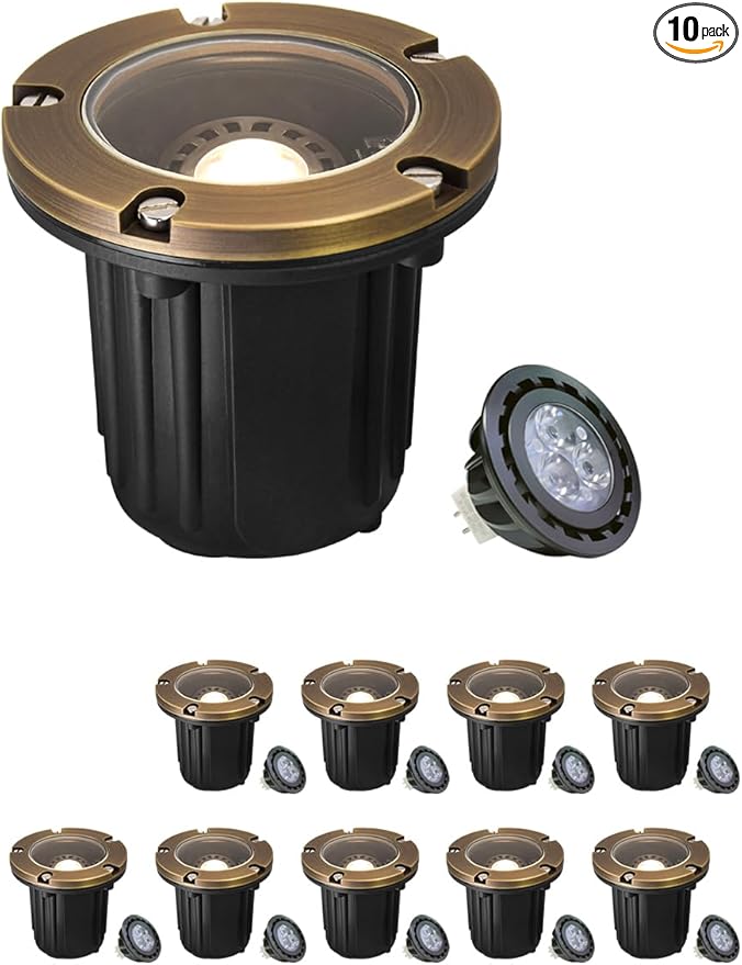MALORY Brass Top Cover Landscape Well Lights, (φ126 mm) 12V Low Voltage Outdoor In Ground Lights,Landscape Lighting for Pathway, Driveway and Garden 10-Pack with Bulb (Flat Top)