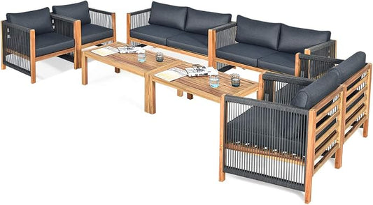 Tangkula Outdoor Wood Furniture Set, Acacia Wood Frame 2 Loveseat Sofa, 4 Single Chairs and 2 Coffee Table, 8 Pieces Conversation Set with Cushions, Garden Balcony Poolside Outdoor Living Set(2, Grey)