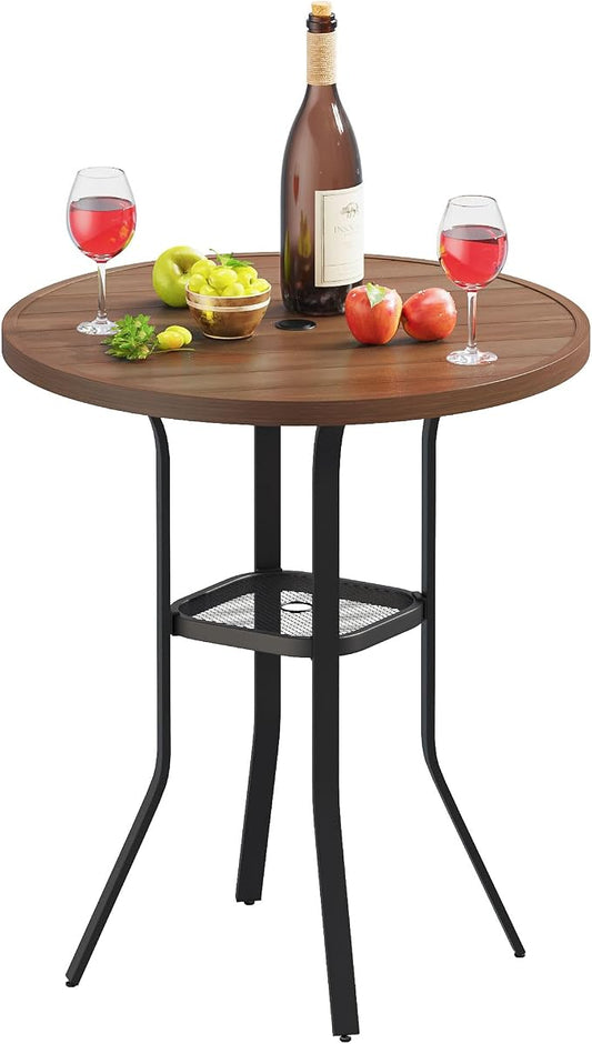 VICLLAX Outdoor Bar Table, 35.4" Wide Round Patio Bar-Height Table Weather Resistant Metal Slatted Tabletop with Umbrella Hole for Front Porch Deck, Backyard, Walnut