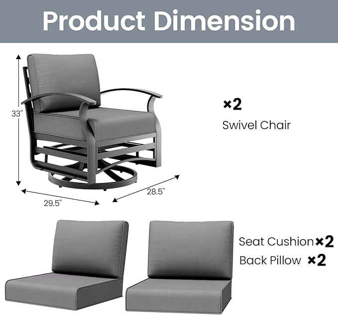 Outdoor Patio Furniture Set, 2 Piece Aluminum Patio Swivel Rocker Chairs, Aluminum Outdoor Bistro Set with Overstuffed Washable Cushions, Outdoor Furniture Set for Porch, Balcony, Deck, Grey