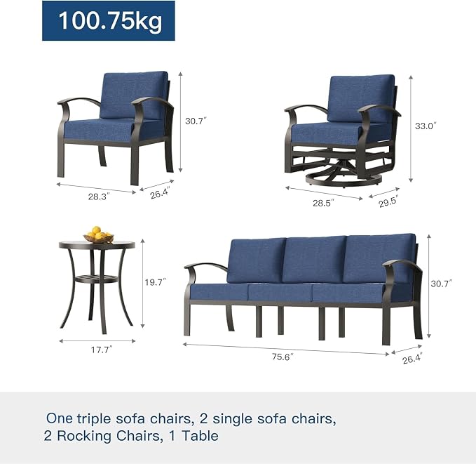 Kullavik Aluminum Patio Furniture Set,7 Piece Modern Metal Outdoor Patio Furniture w/5.1'' Thick Cushion,Swivel Chairs and Round Coffee Table,Patio Conversation Sets for Porch,Deck,NavyBlue