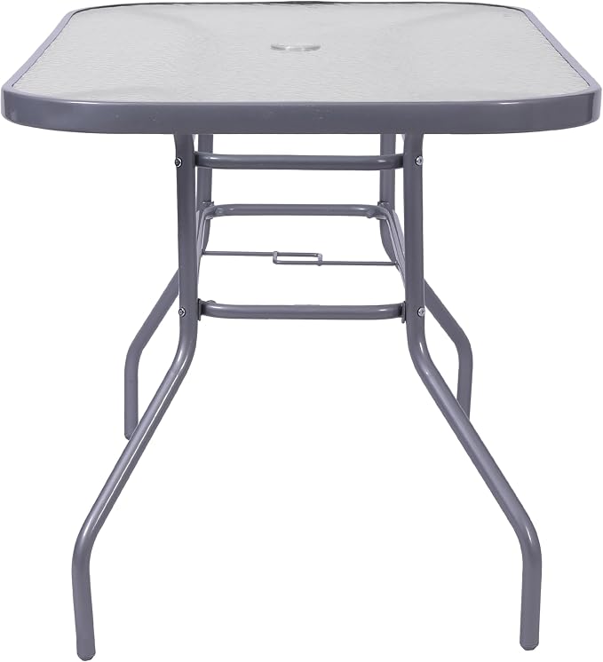 EMMA + OLIVER Tala Patio Dining Table - Silver Metal Frame - 31.5" x 55" Square Tempered Glass Top - Umbrella Hole - Suitable for Indoor/Outdoor Use