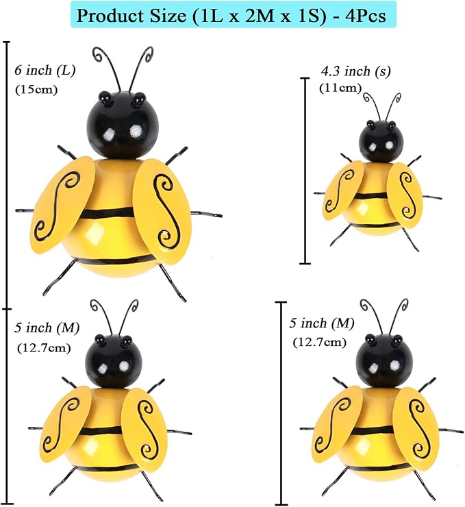 Metal Bumble Bees Garden Outdoor Decor Honey Bee Yard Art Outside Patio Fence Home Wall Decorations (Set of 4)