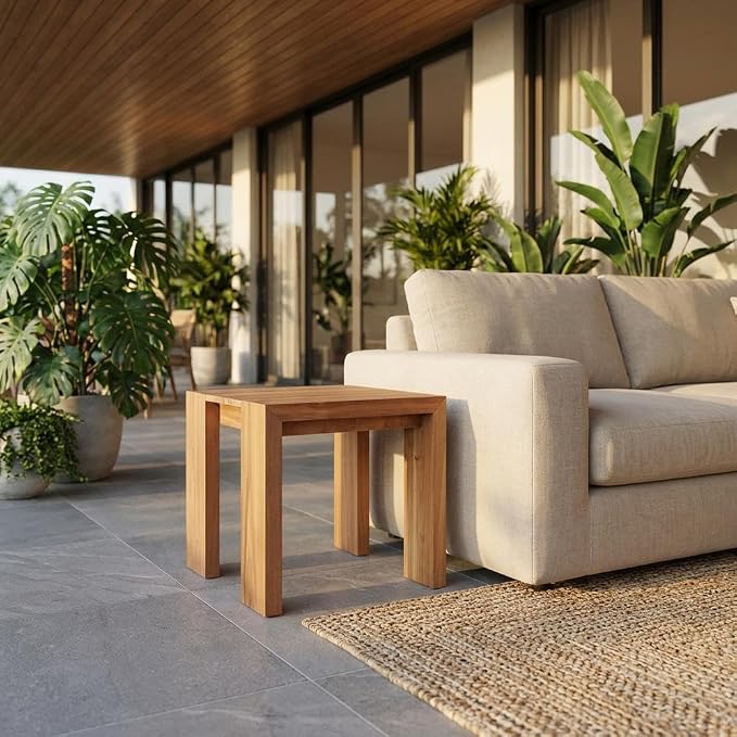Green Teak Outdoor End Table, Weather-Resistant Finish, Sturdy Construction, Contemporary Design, Perfect for Patio and Garden