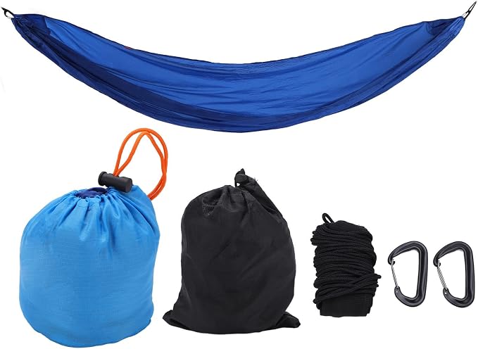 Portable Parachute Camping Hammock, Lightweight Outdoor Hammock with Aluminum Snap Hooks and Storage Bag, Compact Foldable Hammock for Hiking Travel Picnics (Blue)