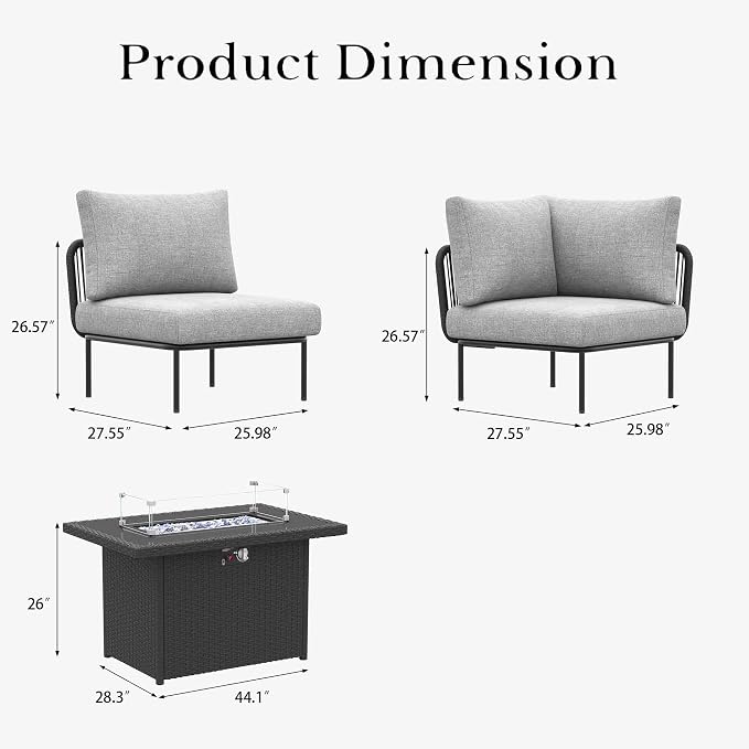 LayinSun 7 Pieces Aluminum Patio Furniture Set, Modern Modular Sectional Sofa with Fire Pit Table and Upgrade Thickness Cushion