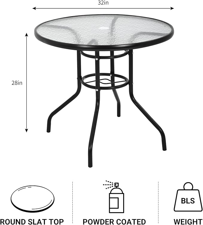 32" Outdoor Patio Table with Umbrella Hole Round Outdoor Coffee Table Tempered Glass Top, All Weather Dining Table Bistro Table Suitable for Backyards, Balconies, Gardens and Lawns (Round)