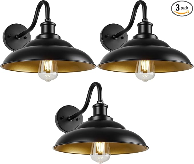 Outdoor Barn Light, 12 Inch Farmhouse Exterior Wall Mount Light, Outdoor Sconce Wall Lighting Fixture, Outside Industrial Black Lantern, Gold Interior, 3 Pack