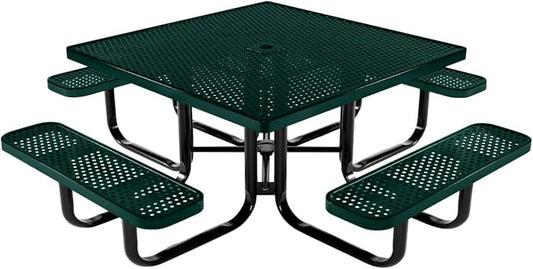 COATEDOUTDOORFURNITURE Heavy-Duty Portable Outdoor Kids Table with Umbrella Hole, Punched Steel Kids Picnic Table, Commercial-Grade, Made in America (46 in, Square, Childrens, Textured Dark Green)