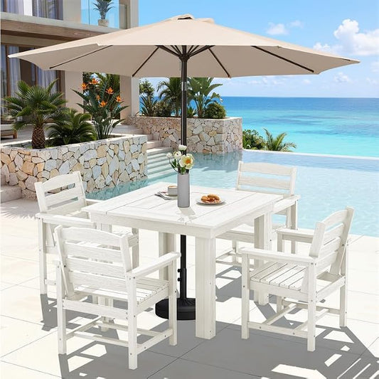 KINGYES HDPE Outdoor Dining Set for 4 with Umbrella, 6-Piece Square Patio Table & Armchairs, All-Weather for Backyard, Garden, Lawn & Poolside, White