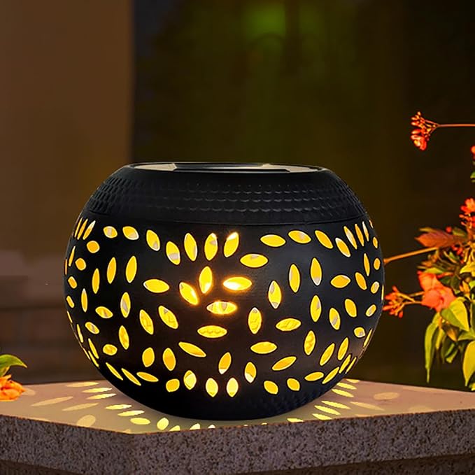 Solar Table Light Outdoor Waterproof Decorative Solar Table Lantern | Hollowed-Out Black Metal Desktop Decorative Lamp for Women Mother's Day, Outside Garden Yard Patio & Indoor Tabletop Decor