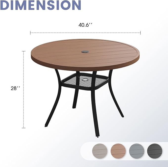 VICLLAX 40.6" Round Patio Table, Outdoor Dining Table for 4 with Umbrella Hole for Garden Lawn Deck Backyard, Walnut