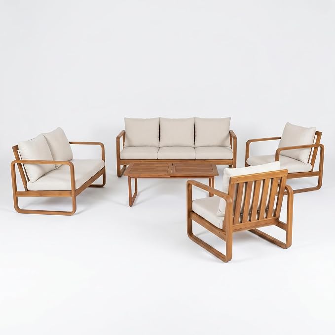 Christopher Knight Home Myra Acacia Wood 5 Piece Outdoor Patio Furniture Set, Wooden Patio Conversation Set with Sofa Loveseat Club Chairs & Coffee Table, 7-Seater Patio Sofas and Table Set,Teak+Beige