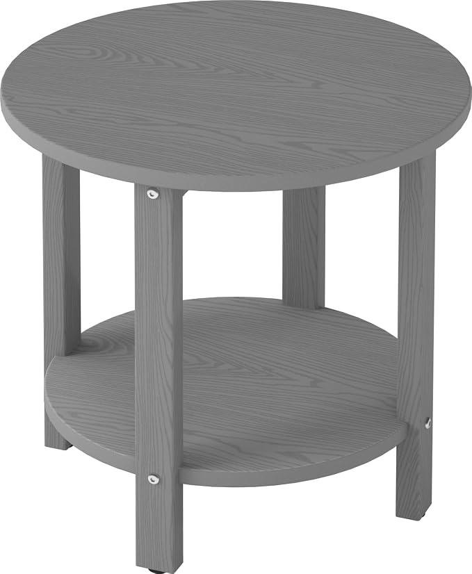 HDPE Round Outdoor Side Table, 18.1-Inch Weatherproof Small Outdoor Table for Adirondack, 2-Tier Patio End Table for Garden Backyard Porch Deck Balcony Poolside (Grey)