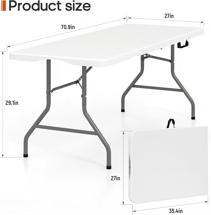 Fenbeli 6FT Folding Table, 350 LBS Heavy Duty Foldable Table with 18% Thicker HDPE Waterproof Top, Fold in Half Portable Table with Handle, Steel Frame for Indoor Outdoor Party Events