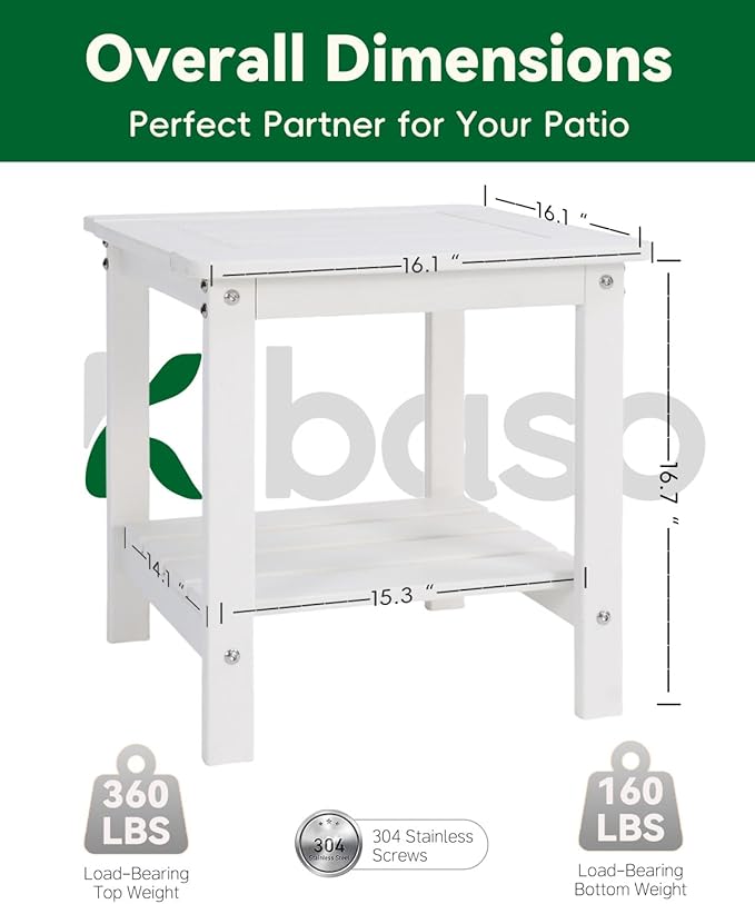 Kibaso-Adirondack Outdoor Side Table, 2-Tier HDPE Outdoor End Table, Weather Resistant Easy Maintenance, Small Patio Side Table for Patio, Pool, Porch, Garden, Lawn, and Living Room (2, White)
