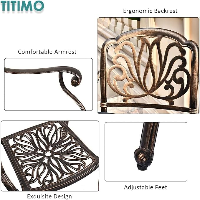 TITIMO 9-Piece Cast Aluminum Patio Furniture Set, Outdoor Patio Dining Set Bistro Conversation Set, All-Weather Rectangular Dining Table Set w/Umbrella Hole (Bronze-Fixed Elizabeth Chair, 9 Pcs)