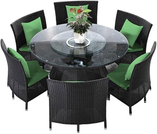 Manhattan Comfort Nightingdale 7 Piece Outdoor Dining Set with Round Glass Lazy Susan | Includes 6 Rattan Chairs, Water-Repellent Cushions and Toss Pillows, Patio Furniture, Black/Green