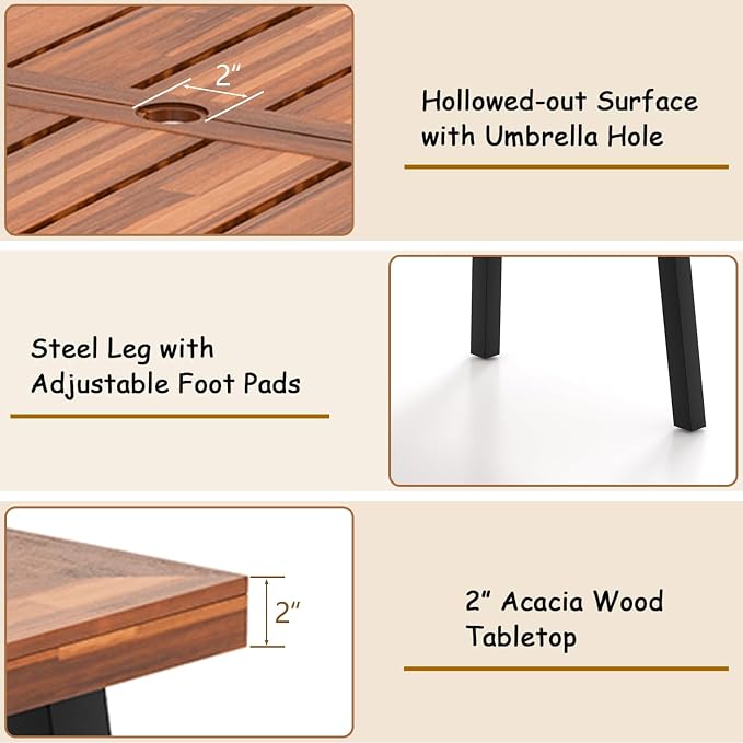 Giantex Patio Dining Table with Umbrella Hole, Outdoor Picnic Table for Backyard, Garden, Lawn, Farmhouse, Acacia Wood Rectangular Table with Metal Legs, Rustic Brown