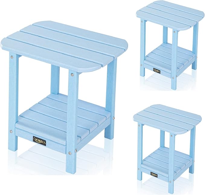 VINGLI Outdoor Side Table Set of 3 with Storage, Plastic Waterproof and UV Resistant HDPE Adirondack Side Tables, All Weather for Patio, Backyard, Pool, Indoor Use (Blue)