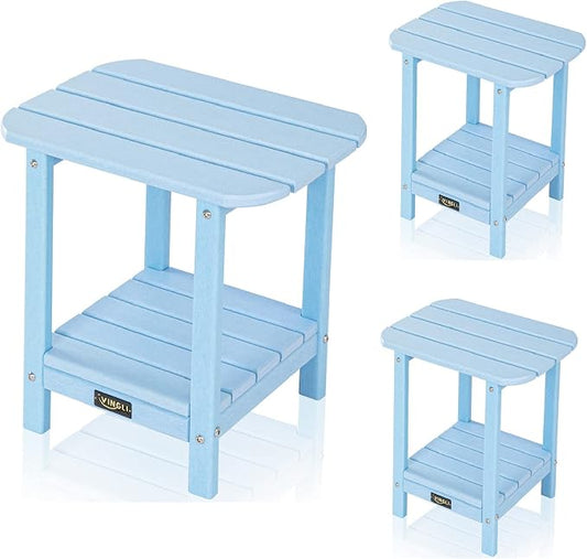 VINGLI Outdoor Side Table Set of 3 with Storage, Plastic Waterproof and UV Resistant HDPE Adirondack Side Tables, All Weather for Patio, Backyard, Pool, Indoor Use (Blue)