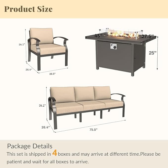 Aluminum Patio Furniture Set with 55,000 BTU Propane Fire Pit Table,5 Seats Metal Modern Outdoor Furniture w/5.1" Cushions,Patio Sectional for Backyard,Patio,Sand