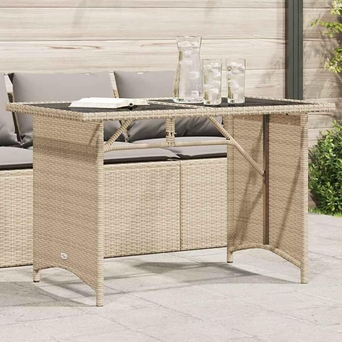 Garden Table Beige PE Rattan with Powder-Coated Steel Frame and Tempered Glass top Rectangular Outdoor Dining Table for Patio Balcony Backyard use Seating up to Four People
