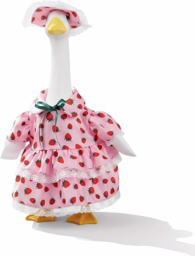Spring Summer Porch Goose Outfit, Pink Strawberry Goose Costume for 23 Inch Goose Statue, with Lace Trim and Matching Hat, Spring Summer Outdoor Yard Lawn Patio Decor