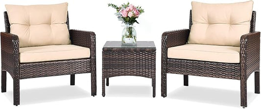 ORALNER 3-Piece Patio Conversation Set, All-Weather Wicker Sofa Chair and Coffee Table Set with Thick Cushions, Outdoor Furniture, Rattan Bistro Set for Balcony Deck Porch Poolside Garden (Brown)