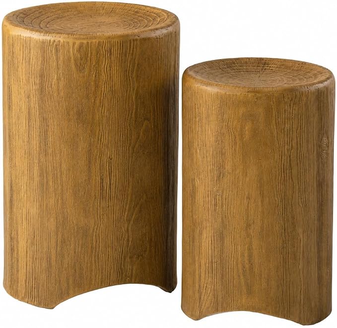 SUNBURY Concrete Side Table Set of 2, Outdoor Side Table Nesting for Patio, Outdoor Accent Table Patio End Table in Woodgrain, Ceramic for Balcony, Courtyard, Round, Light Brown