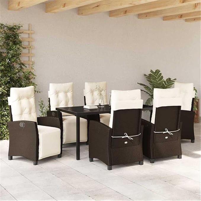 Afuera Living 7-Piece Poly Rattan Garden Dining Set, Brown Woven Texture, Glass Topped Table with Steel Legs, Cushioned Chairs with Adjustable Backrest, Modern Outdoor Patio Furniture, Seats 6