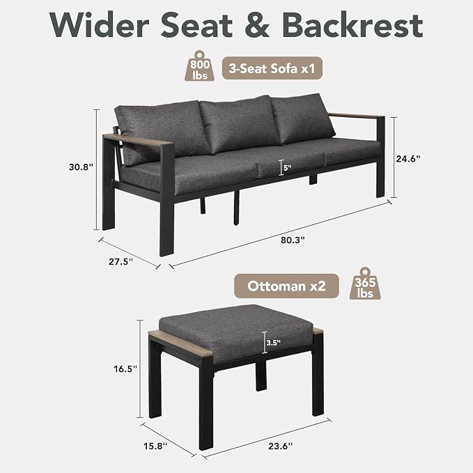 Outdoor Patio Furniture Set 3 Seats Sofa and Ottomans with Washable Thick Cushions, All-Weather Luxury Aluminum Modern Outside Sectional Set for Porch, Balcony, Deck, Yard, Dark Gray
