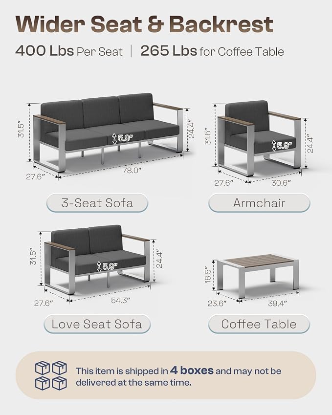 2 Pieces Outdoor Aluminum Armchair, Modern Patio Patio Furniture with Wide Seat and Thick Cushions, All-Weather Oversized Couch for Deck, Porch