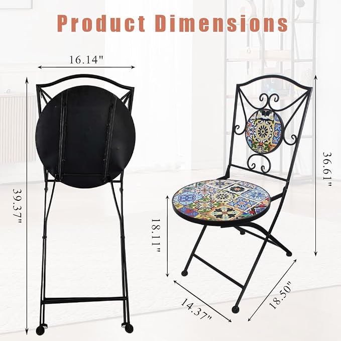 3 Piece Bistro Sets Mosaic Tile Round Table Folding Chairs Garden | Set of 3 Patio Furniture 23.6" Table and 2 Chairs Outdoor Bistro Chairs Artistic Table for Balcony Porch Apartment Backyard