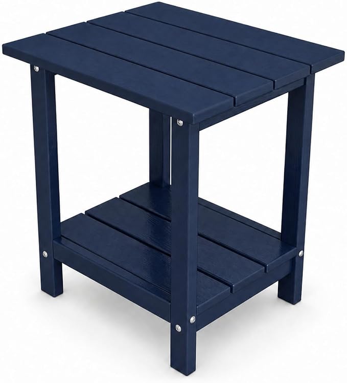 Outdoor Side Table with Storage Shelf, 2-Tier Patio Side Table, HDPE All Weather Outdoor End Tables for Adirondack Chair, Small Patio End Table for Backyard Porch Lawn Poolside, Dark Blue