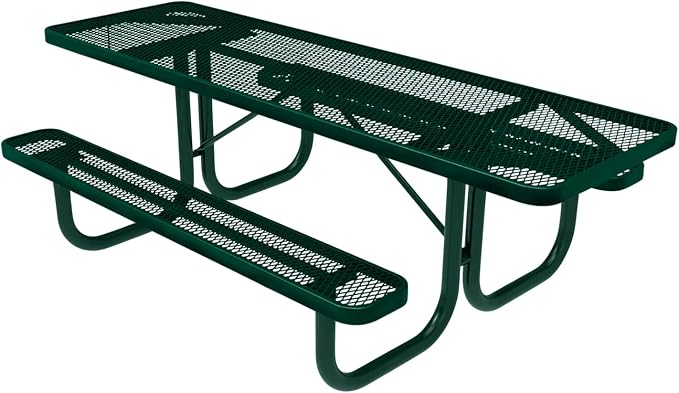 COATEDOUTDOORFURNITURE Heavy-Duty Portable ADA-Compliant Outdoor Picnic Table, Expanded Metal Patio Furniture Made in America (8ft Rectangular, Both-Side Handicap, Dark Green with Dark Green Frames)
