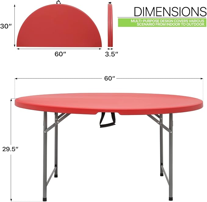Magshion 60" Round Folding Table, 5 Feet Bi-Folding Plastic Commercial Dining Card Table w/Carrying Handle for Outdoor Wedding Party Event Picnic, Red