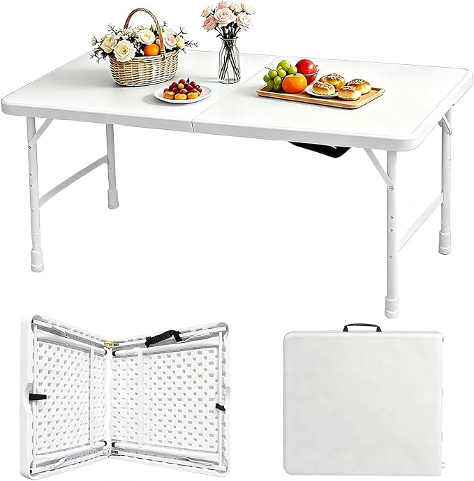 Portable Plastic Folding Table 4ft/6ft/8ft Heavy Duty White Black Picnic Dining Table Fold-in-Half for Camp Party Kitchen Indoor Outdoor (White, 4FT)