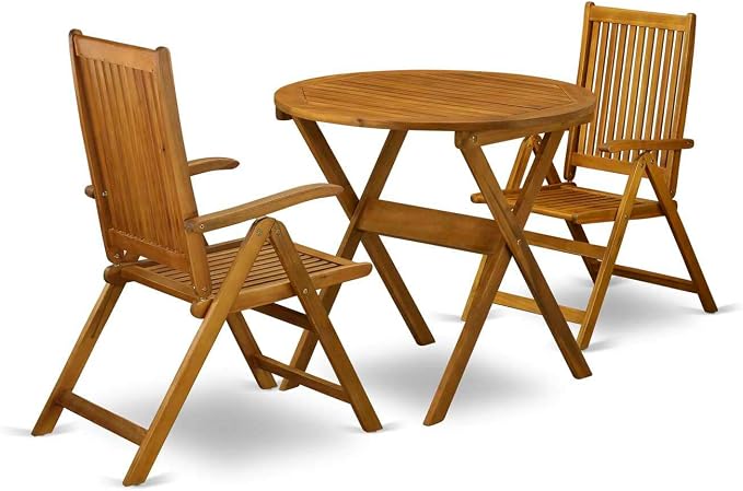 East West Furniture MNCN3C5NA 3 Piece Outdoor Conversation Bistro Set Contains a Round Acacia Wood Coffee Table and 2 Folding Adjustable Arm Chairs, 30x30 Inch, Natural Oil