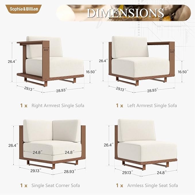 Sophia & William HDPE Patio Furniture Set，Modern Outdoor Sectional Sofa Set with 9.8" Cushions and High Back, L Shape Deep Seating Outdoor Conversation Set for Porch, Backyard(Beige, 4 Pieces)