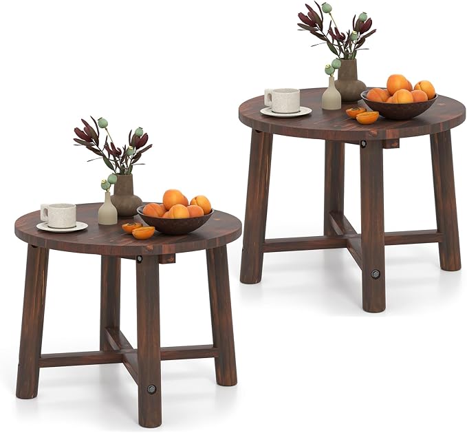 HAPPYGRILL Outdoor Wood Side Table, Round Patio End Table Coffee Table for Garden, Deck, Poolside & Indoor (2)